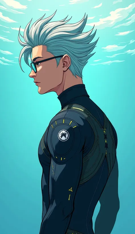 Hand-drawn anime style, with dark strokes, Nausicaä Ghibli style, 80s-manga style. full body back view. Design a calm yet determined 28-year-old man with an intellectual and futuristic style. He has a sleek, extravagant hairstyle with silver streaks and oc...