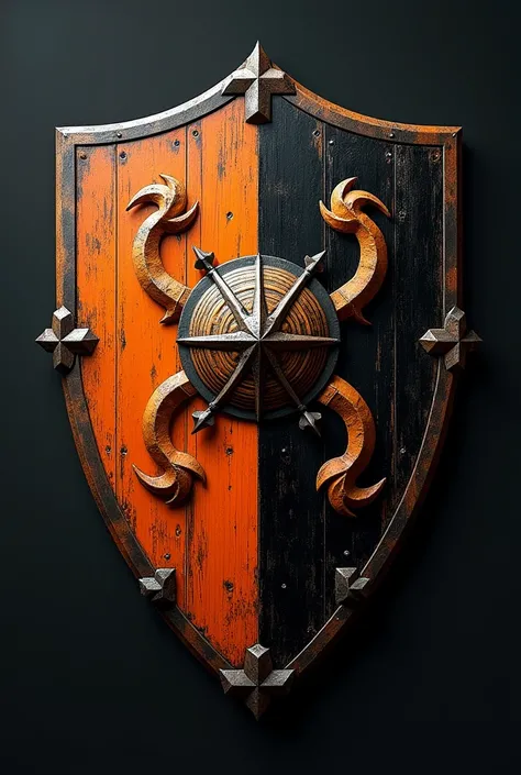 Football shield for a team called Teresitas FC with orange and black colors
And medieval style

Remove the name of the equipment and make it more sober as in wood