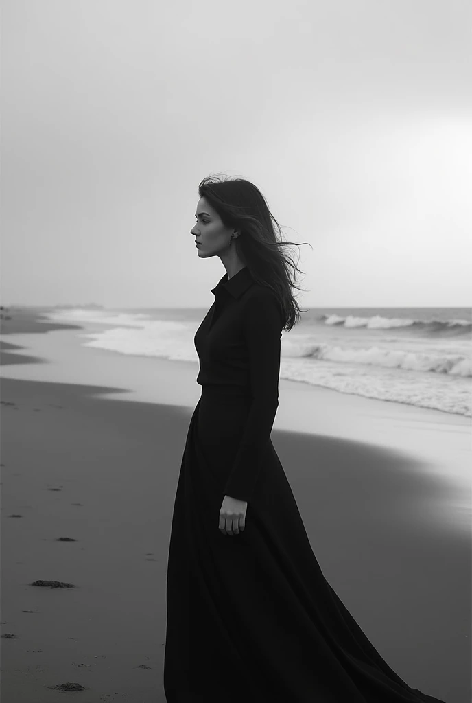 Create a black & white image of a woman on a beach.