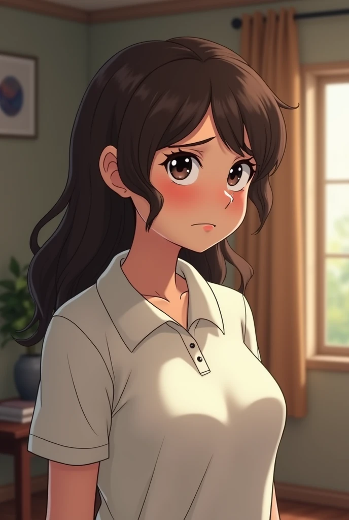 A VERY FAT 16-year-old girl with brown hair , dark , long and wavy black eyes , big ,expressive.  
  oval face with a small nose and a big mouth loose clothing , White polo crying and talking to a thin woman, standing in his room   . in animated 