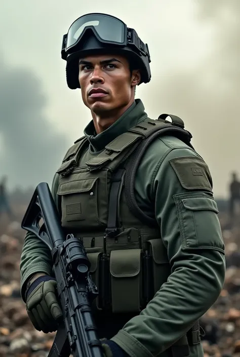 Create an image of Cristiano Ronaldo dressed as a soldier in a war setting. The scene should depict a battlefield with smoke and debris in the background, as Ronaldo stands confidently in modern military gear. His uniform should include tactical armor, a h...