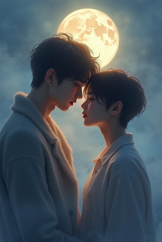  blending slightly with the mist. His expression is contemplative and tender, as if gazing lovingly at Jimin. Above Jungkook’s head, a full moon casts a soft glow, creating an aura around him, adding a mystical, dream-like atmosphere. The colors should be ...