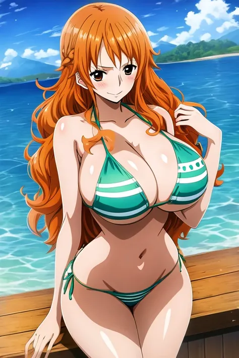 (masterpiece,  best quality :1.2), anime-like face, 1 girl , solo,Captivating woman, very big breasts,Deep valley, orange hair,Long Hair, micro bikini , sandy beach,Seduce