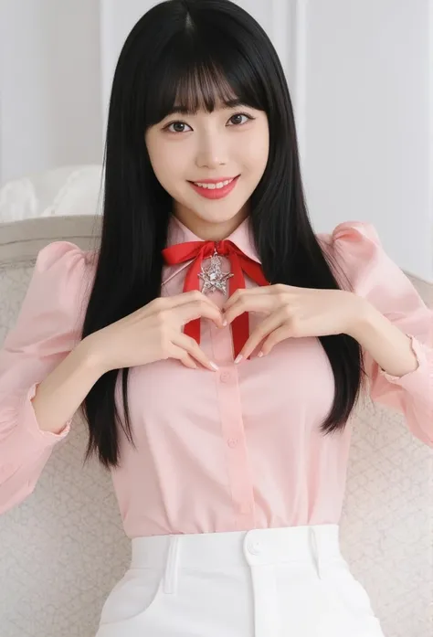 masterpiece, best quality, A young Korean woman with long, vey thin body, straight black hair and blunt bangs smiles at the camera. She wears a pink blouse adorned with a diamond star brooch and a red ribbon tied around her neck. Her hands form a heart sha...