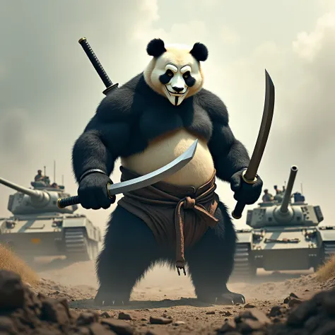 Muscular samurai panda with katanas in his hands,  wearing a Guy Fawkes mask and going to war against tanks.