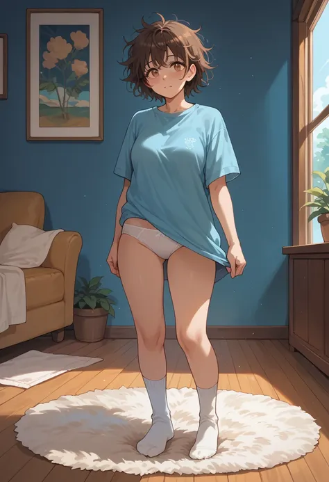 Anime style, adorable 24 years old young woman wearing white underwear, standing, medium size breasts, brown eyes, messy hair, full body, on a living room, fluffy carpet, blue walls, white socks, very blushed