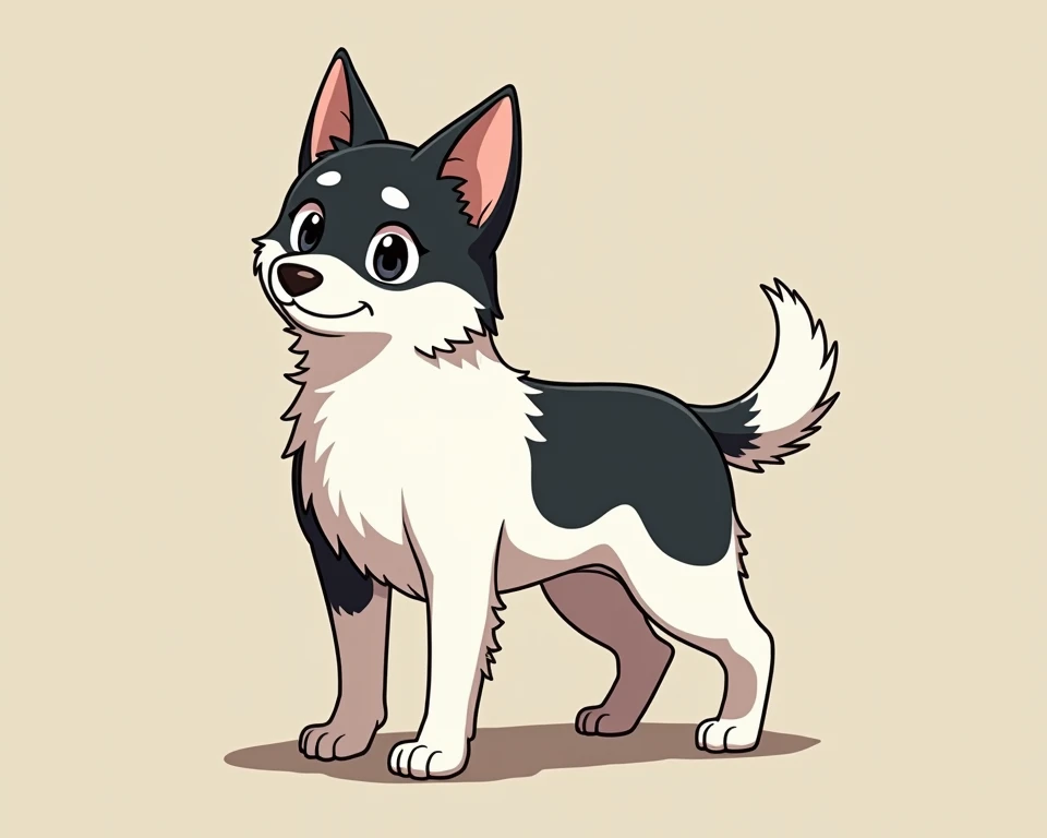 Anime with a cute short-haired dog, thin and tall,  mutt white and black, Tall cuddly , cartoon anime