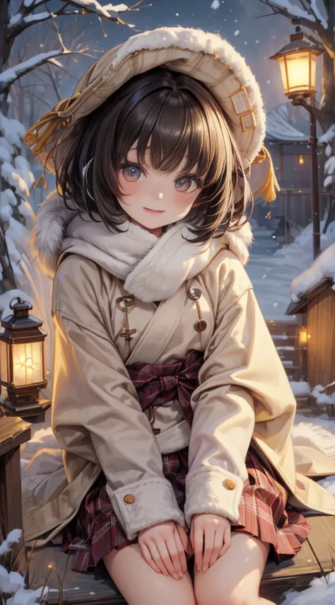 tmasterpiece、8k、32K、quality、( detailed eyes on board)、Brown hair long，colours，(A lovely Japanese woman、through bangs)、23years old、1 girl in、Elegant、snowfield，snowing，fur-edged cloak，(Detailed background depiction、Abortion:1.2)、(bob cuts:1.3)、(lamplight、Yuk...