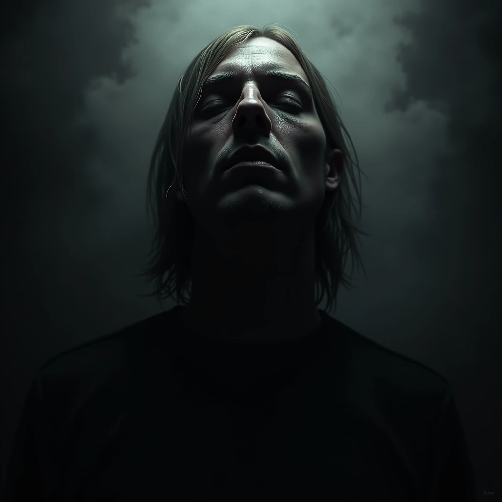 A male face, with straight, soft hair, head slightly lowered, and mysterious and shadowy, emerges from the void. The features are undefined, as if carved from smoke or webs of shadows, slowly dissolving into the thin air. The eyes are closed, harboring dar...