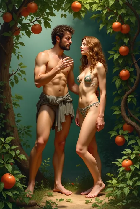 Adam and Eve eating the apple in paradise 