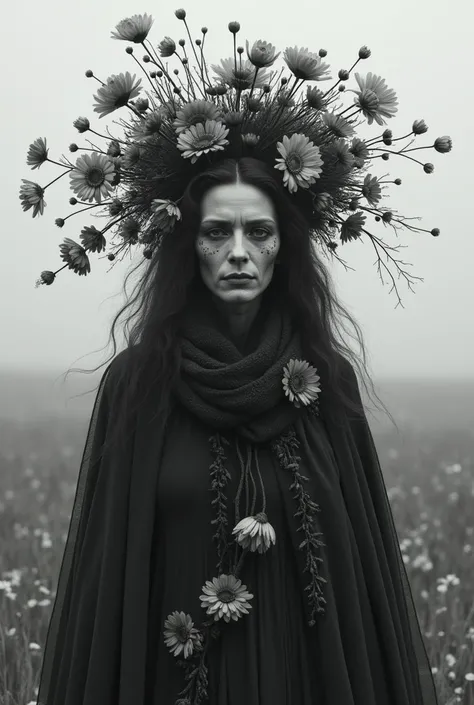 I need a countrywoman who represents a dead woman, she has to be dressed in flowers but in black and white and broken black 