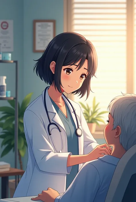 A young black-haired, brown-eyed doctor helping patients in a doctors office with a happy and loving countenance