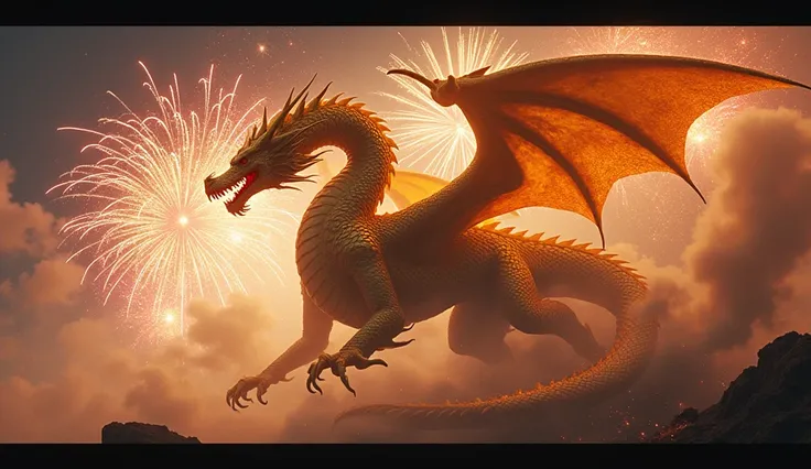 epic golden dragon with fireworks in the background
