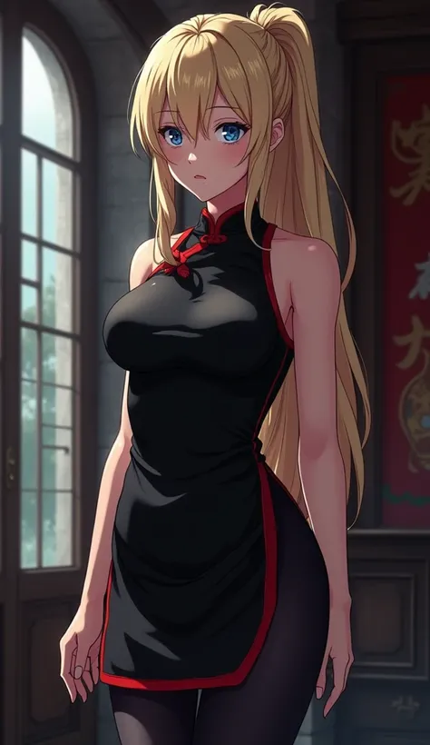   woman between 30-35 years old,  long blond hair, ponytail , blue eyes, strong body,  serious expression , short black Chinese dress with red details. black leggings underneath In dark mansion.  [[[  high quality ]]][[[ tall details ]]] Ultra HD,   High r...