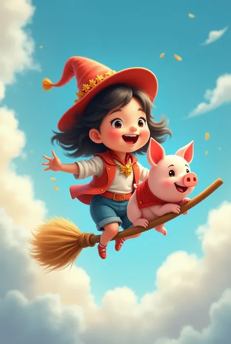  cute girl smiles 　 flying through the sky　 straddling a broom like a witch　A cute pig is also flying with me 