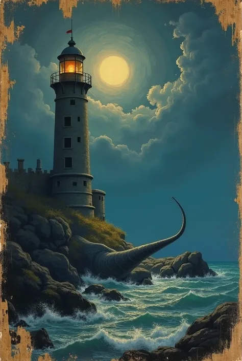 The cover of an old book . Depicts a shining burning medieval lighthouse on land , dark. Night, view from the sea in which  (, you can see the neck of a huge creature with black eyes and an elongated muzzle).  old style .   The image was taken with Edouard...