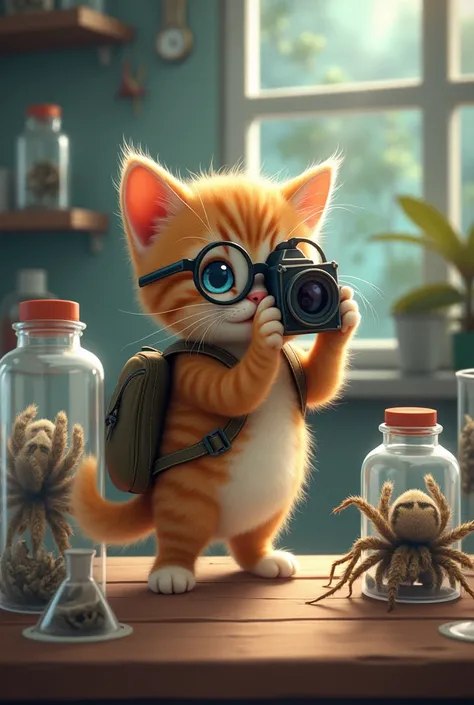 Kitten wearing glasses and backpack taking a picture of several spiders in jars in a science lab 