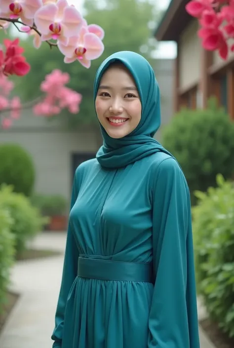 Realistic cinematic photo of a beautiful Korean woman wearing a hijab wearing a cute long-sleeved modern dress in blue tosca blue color smiling looking at the camera in the garden of the courtyard of the house against the background of a beautiful garden d...