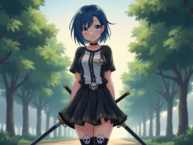 anime,  very beautiful woman, dark blue short hair ,  bright blue eyes , short black petticoat with gold details and skull details, t-shirt with vertical stripes white and black, black belt , Two swords in the back, skull buckle ,  long boots with high hee...