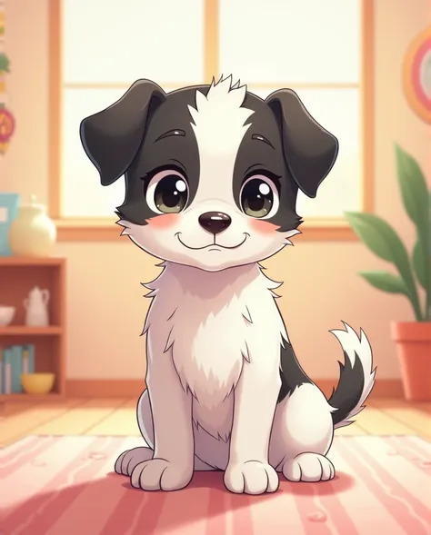 Anime with a cute short-haired dog, thin and tall,  mutt white and black, Tall cuddly , cartoon anime