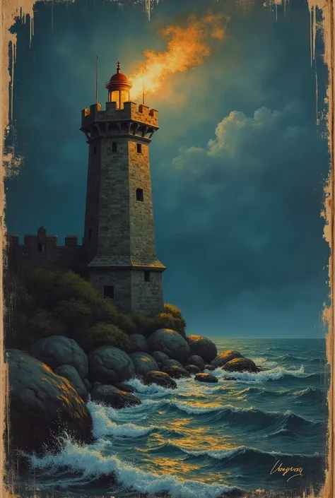 The cover of an old book . Depicts a shining burning medieval lighthouse on land , dark. Night, view from the sea in which  (, you can see the neck of a huge creature with black eyes and an elongated muzzle).  old style .   The image was taken with Edouard...