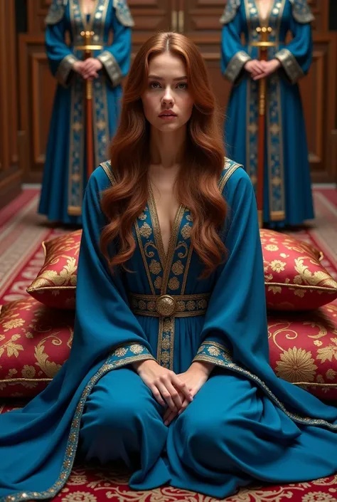 A beautiful Ottoman Queen with her gorgeous chestnut brown hair flowing past her shoulders, perfectly layered, in blue robes sitting on the floor on luxurious pillows of deep red and gold. Behind her are 2 watchful Princess Warriors wearing Blue and gold a...