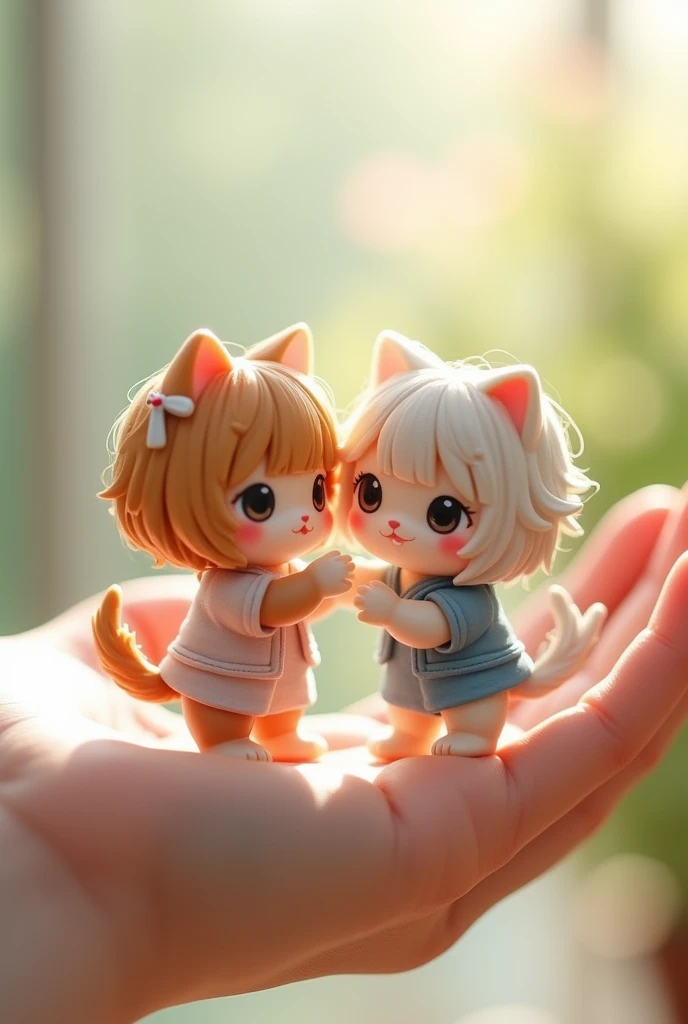 Two 3 cm-long Munchkin kittens in summer uniforms. One kitten wears a short side-ponytail wig tied with a tiny bow, while the other has straight, chin-length hair with layered bangs. They sit playfully on a hand, exuding youthful energy.