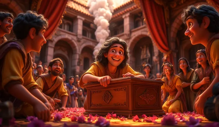 Cinematic Realistic, 4K, Disney Pixar Style, Cartoon:  The Ark of the Covenant being carefully placed inside the Tabernacle. His face, with details in gold and acacia wood ,  shines under the soft light that descends from an opening in the ceiling . around...