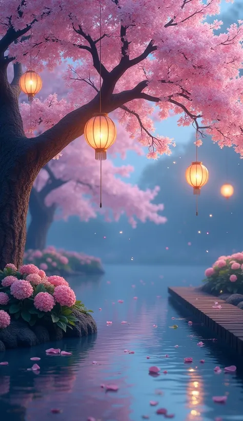 A serene nighttime scene featuring a cherry blossom tree with delicate pink flowers in full bloom. Lanterns with warm golden light hang from the branches, casting reflections on a calm, rippling water surface below. The setting is tranquil and magical, wit...