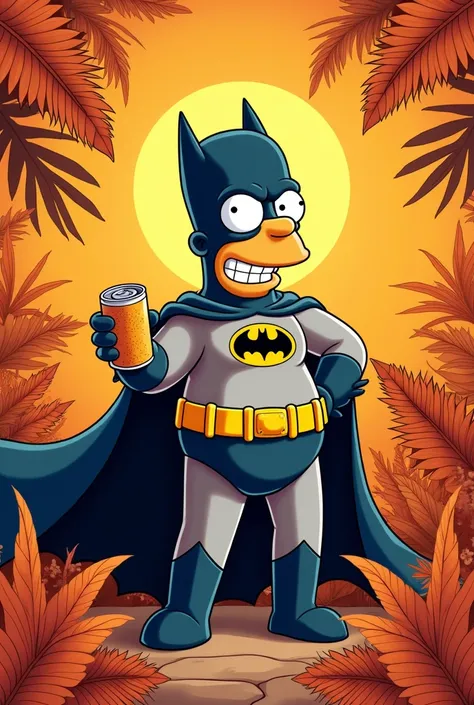 Small Hawaiian-style floral print in an orange tone with Homer Simpson dressed as Batman holding a beer