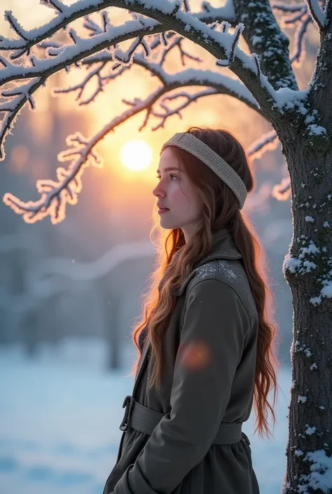 A European girl,
hands in her coat pockets,
standing next to a tree,
the tree is covered in frost,
tree branches and leaves are covered in frost,
headband,
brown hair, long hair, snow in the hair,
dawn,
cold midwinter morning,
snow falling,
the sun is risi...