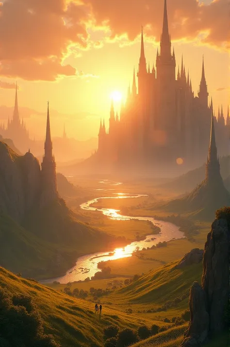 1. A Vast Kingdom at Dawn: A kingdom with endless golden fields, sparkling rivers, and towering palace spires that touch the sky, bathed in the warm glow of the morning sun.