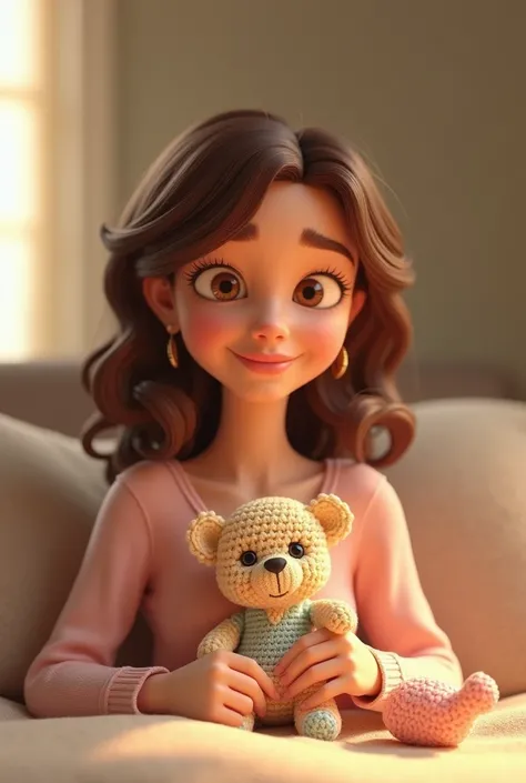 Avatar in Disney Pixar 3D style. A light brunette woman with medium length wavy brown hair and light brown eyes. She has a needle in her hand crocheting a doll, showing a radiant and warm smile as if she had a good memory. Their clothes are light and welco...