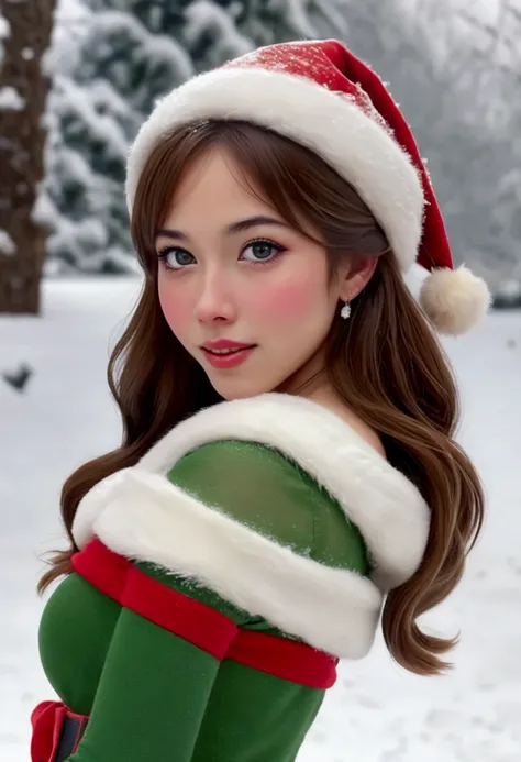 a cute 25 year old woman, gorgeous, friendly Christmas elf, pointy ears, large sparkling eyes, playing in the snow, Christmas wonderland, (best quality,4k,8k,highres,masterpiece:1.2),ultra-detailed,(realistic,photorealistic,photo-realistic:1.37),HDR,UHD,st...