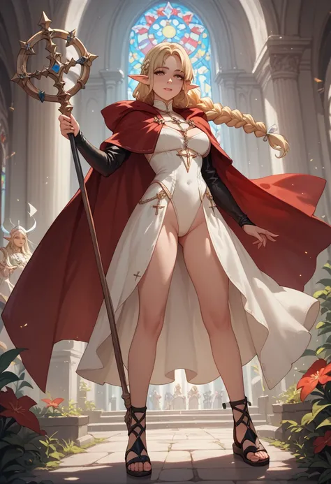 1girl, elf girl, adult, pointy ears, fantasy, blonde hair, long hair, twin braid, red cloak, dress, white leotard, black leather sandals, staff, cleric , masterpiece, highest quality, closeup, expressive