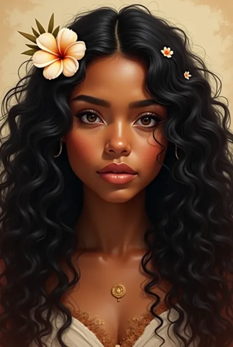 1 , curtain,  round face, indigenous features,  Long hair,  black hair, afropaty,curly hairHair flower, 