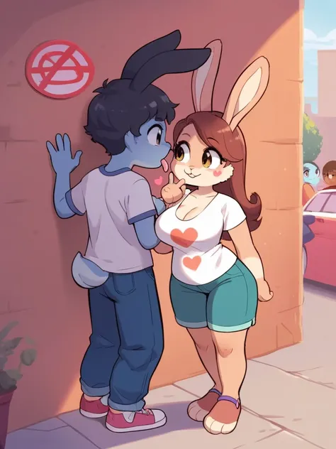 focus face , In the dim back alley , cartoon furry rabbit , A big sister , heart is beating fast , Long length baggy T-shirt , short pants , (OK sign , ok) , Licking gesture , Leaning against the wall , Back view of a man paying
, erotica , Cleavage , Show...