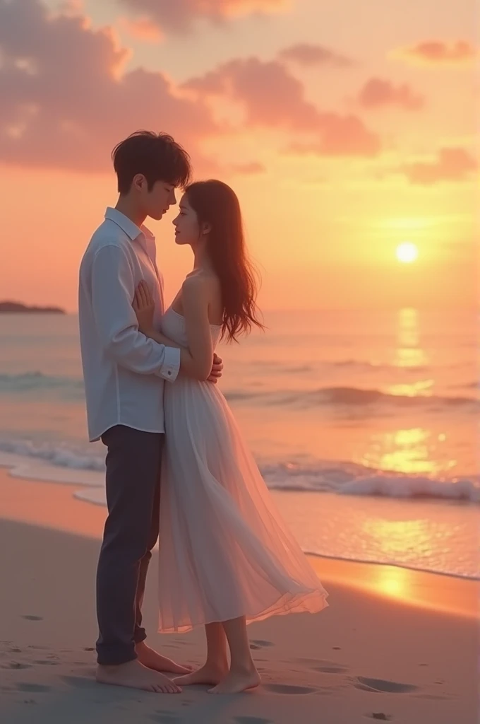 Korean Trans Girl ,  on a beach at a sunrise with a Korean boy