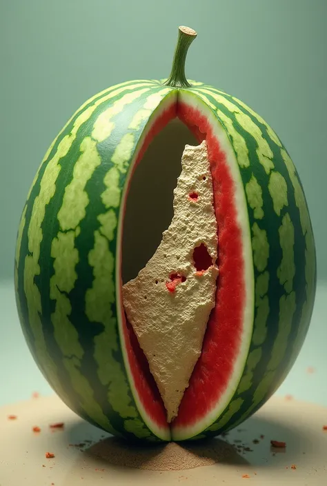 a watermelon that simulates the world and that inside it has the map of Palestine but that you can see the red one inside