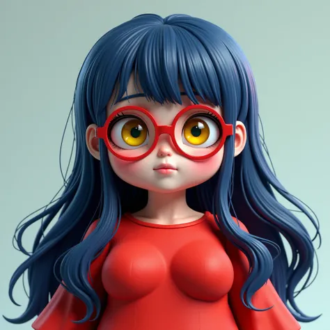 boy , long navy blue hair like waterfall ,  Big breasts , high, a little chubby,    yellow-eyed, round red frame glasses, wearing a red dress. rosto perfeito super detalhado em high resolução.