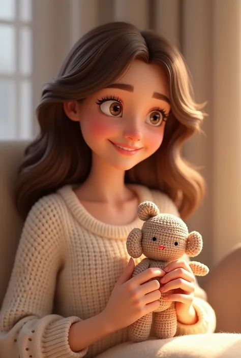 Avatar in Disney Pixar 3D style. A light brunette woman with medium length wavy brown hair and light brown eyes. She has a needle in her hand crocheting a doll, showing a radiant and warm smile as if she had a good memory. Their clothes are light and welco...