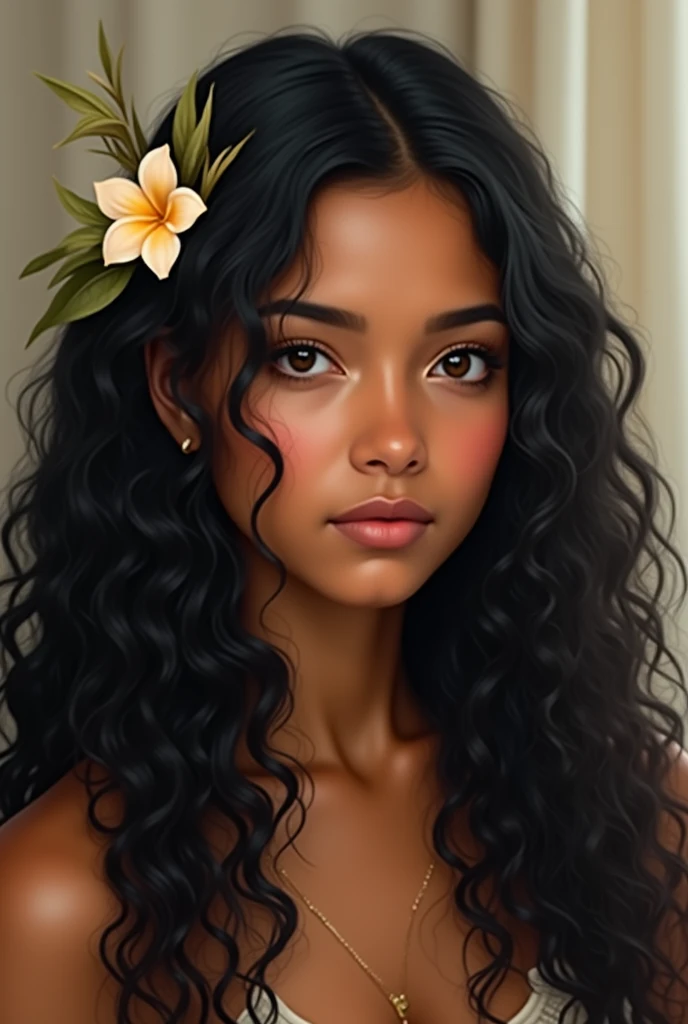 1 , curtain,  round face, indigenous features,  Long hair,  black hair,curly hair Hair flower, 