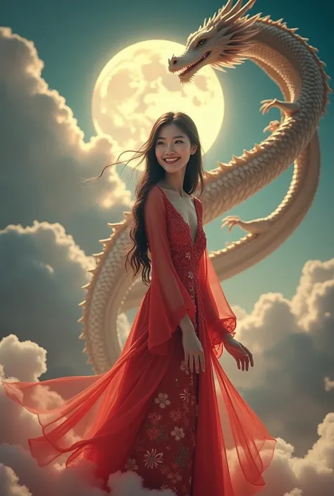 Cinematic realistic photo of a beautiful Korean woman with long hair wearing a modern dress funny long sleeve lace floral print red color full body smiling looking at the camera with a dragon wrapped around flying against a background of beautiful clouds i...