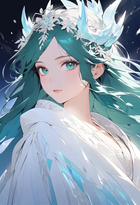 An elegant, beautiful and mature girl with sparkling calm blue hair down to her waist, charming emerald green eyes, and a pair of ice crystal dragon horns on her head. She wore a white dress, exuding a gentle aura but full of magical power.