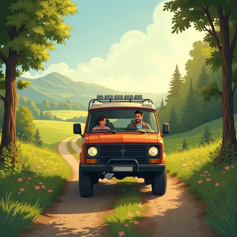  A father drives a 4×4 van in the afternoon. The father holds the helm .  His daughter is riding with him in the front seat .  They are on a road that crosses a forest field.  