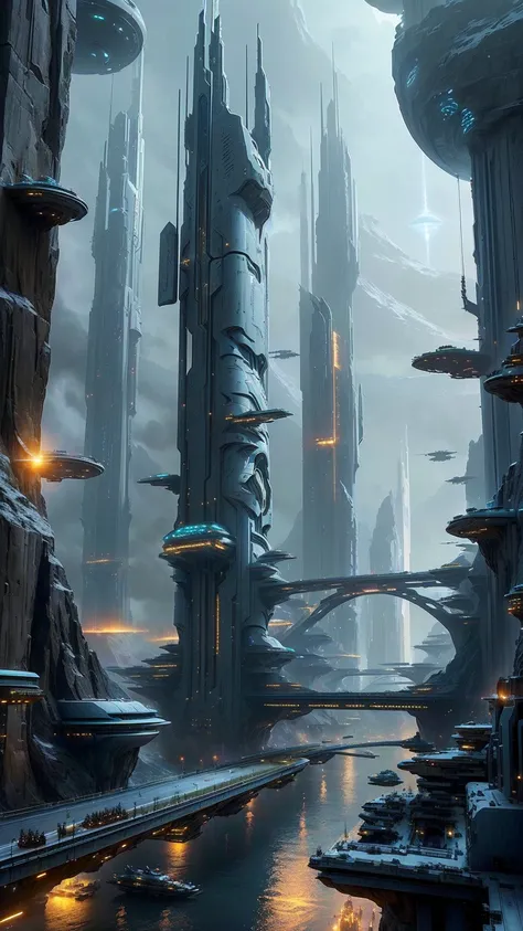 futuristic city with a river and a bridge in the middle, in fantasy sci - fi city, ancient sci - fi city, an alien city, huge futuristic temple city, sci - fi city, sci fi city, futuristic concept art, sci - fi concept art, sci-fi concept art, mystical sci...