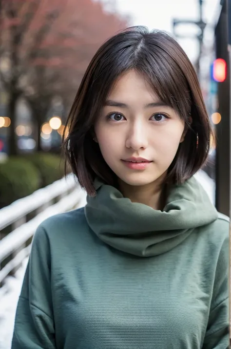 (masterpiece, best quality, perfect anatomy, highres, 8k, realistic, photorealistic, natural skin texture, no makeup:1.2), 1girl, solo, Japanese, age20, female university student, parted lips, shorthair, (large breasts:1.2), (perfect figure1.2). winter clo...