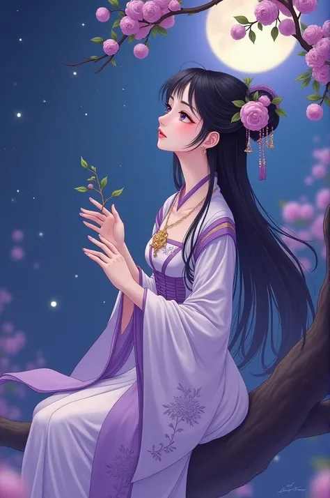 She was very beautiful,Flowing black hair, Perfect face  , has white pink skin  , harmonious purple double-eyelid eyes  ,  wearing a Chinese antique costume with purple color scheme and white ,  she wears a yellow phoenix brooch  ,  slender hands holding a...