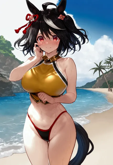 masterpiece, best quality, amazing quality, very aesthetic, absurdres,  newest, (scenery, volumetric lighting), 1girl, (kitasan black (umamusume), (artist: minaba hideo), (artist: shirabi), curvy, red eyes, short hair, black hair, embarrassed, thong, sweat...