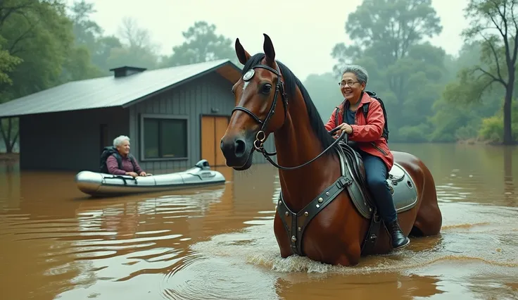 "An ultra realistic depiction of a horse with a futuristic metal saddle, atop a roof of a modern house ,  made of science-fiction aluminum flooded due to a river flood.  The image shows the house partially submerged in muddy water ,  with her horse standin...